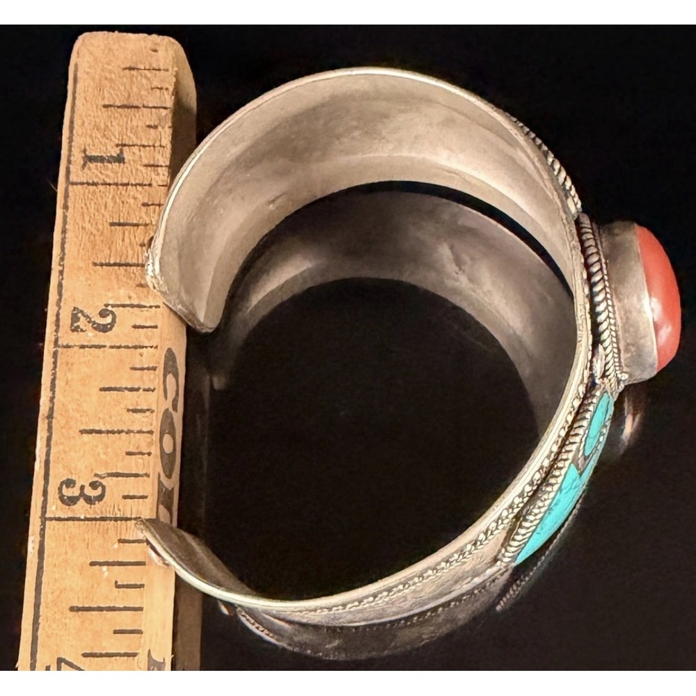 Antique Tibetan Nepali Cuff Bracelet Carnelian Turquoise Inlay Coin Silver 53g - Picture 5 of 5